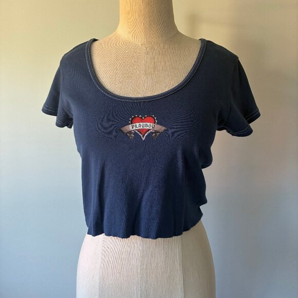 Playboy by PacSun Blue Raw Edge Crop Top - Picture 1 of 9